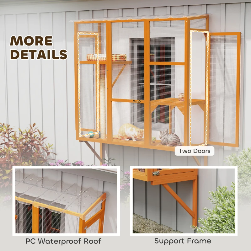 PawHut Wooden Catio Outdoor, Cat Window Box Enclosure for 2-3 Large Cats with 2 Jumping Platforms & Scratching Post, Orange