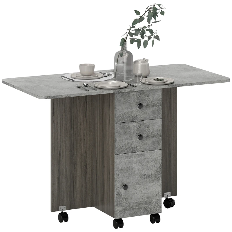 HOMCOM Drop Leaf Dining Table, Mobile Folding Table on Wheels with Drawers and Cabinet for Dining Room, Kitchen, Grey