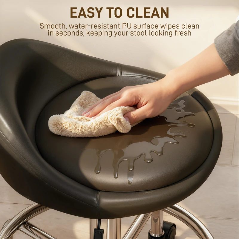 HOMCOM PU Leather Rolling Stool, Height Adjustable Swivel Salon Chair with Backrest and Foot Rest for Spa, Tattoo, Black