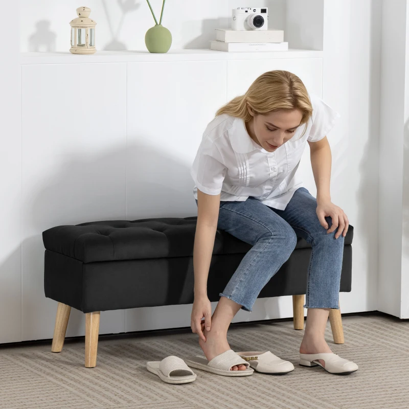 HOMCOM Storage Ottoman with Lid, Velvet Upholstered Storage Bench with Wood Legs for Living Room, Black