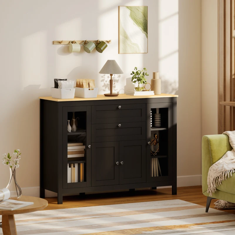 HOMCOM Buffet Cabinet Sideboard with 2 Drawers, 3 Storage Cabinets, Glass Doors and Adjustable Shelves, Dark Brown