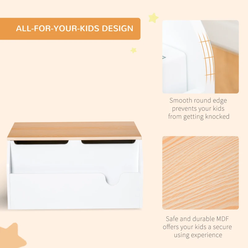Qaba Wooden Kids Toy Box with Lid, Children Storage Organizer with Safety Hinge, Toy Trunk Chest, White