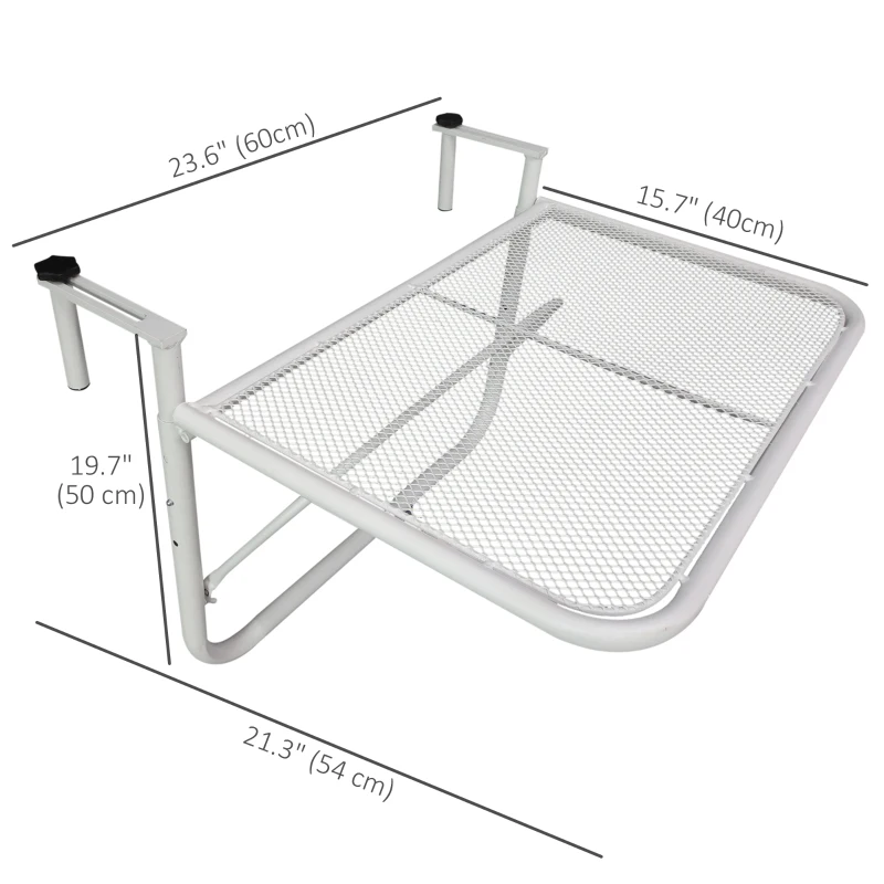 Outsunny Adjustable Balcony Hanging Railing Table, Metal Mounting Mini Wall Desk Storage Rack, Outdoor Flower Stand Serving Table Rectangle, White