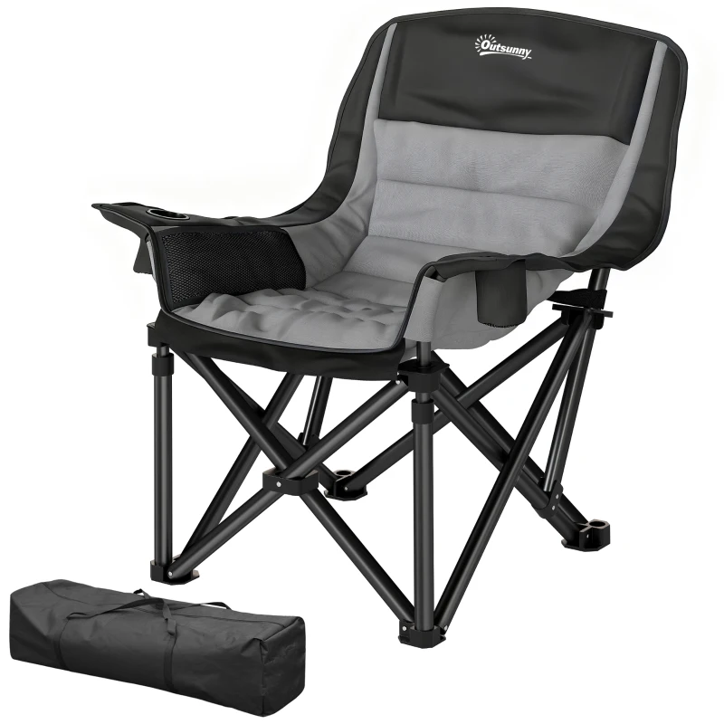 Outsunny Camping Chair for Adults, Portable Folding Camping Chair with Side Pockets, Cup Holders, Carry Bag, Black and Gray