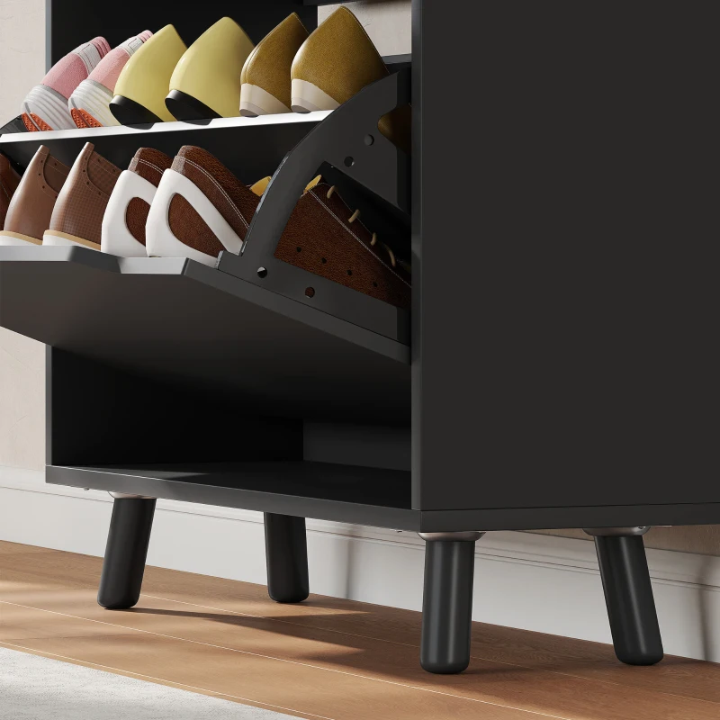 HOMCOM Narrow Shoe Cabinet for Entryway with 2 Flip Drawers, Top Drawer and Adjustable Shelves for 12 Pairs of Shoes, Black