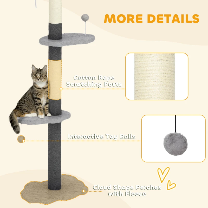 PawHut 88.5"-100.5" Floor to Ceiling Cat Tree, Cat Tower with Scratching Posts, Cloud Shaped Platforms, Dangling Balls, Grey