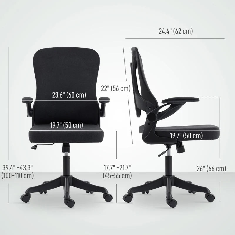 HOMCOM Ergonomic Office Chair, Swivel Desk Chair with Adjustable Lumbar Support and Height, Flip-up Armrests, Wheels, Black