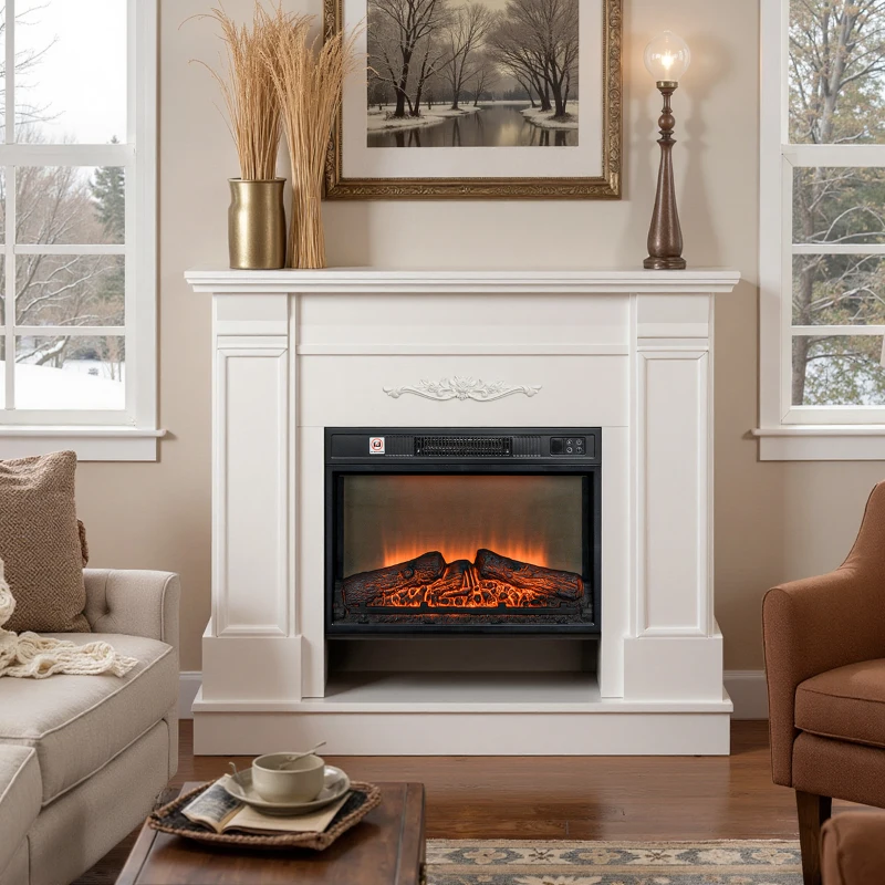 HOMCOM 46" Electric Fireplace with Mantel and Shelf, 1400W Fireplace Heater with Realistic Log and Flame Effect, White