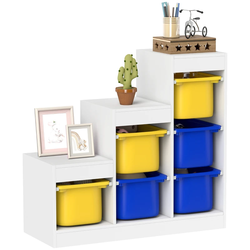Qaba 3 Layers Toy Storage Organizer Kids Bookshelf Children Toy Storage w/ 6 Plastic Bins, Yellow & Blue