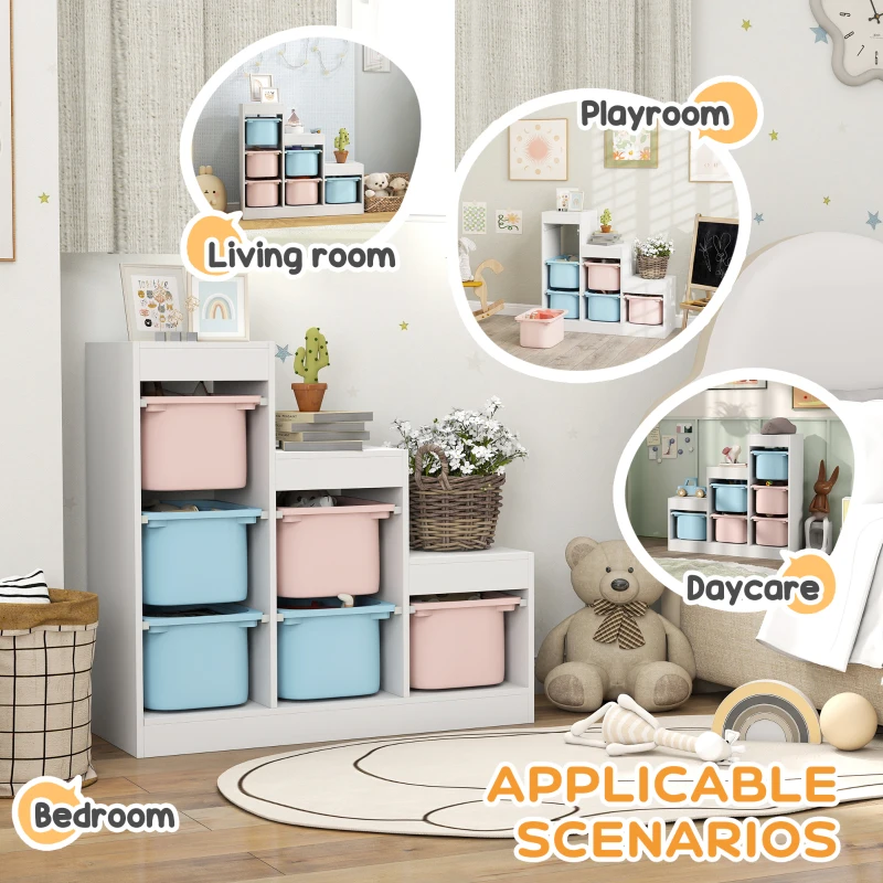 Qaba 3 Layers Toy Storage Organizer Kids Bookshelf Children Toy Storage w/ 6 Plastic Bins, Blue & Pink