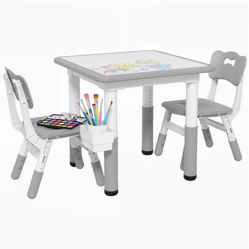 Qaba 3 Pieces Toddler Table and Chair Set, Height Adjustable Kids Table and Chair Set w/ Storage, for Playroom Grey