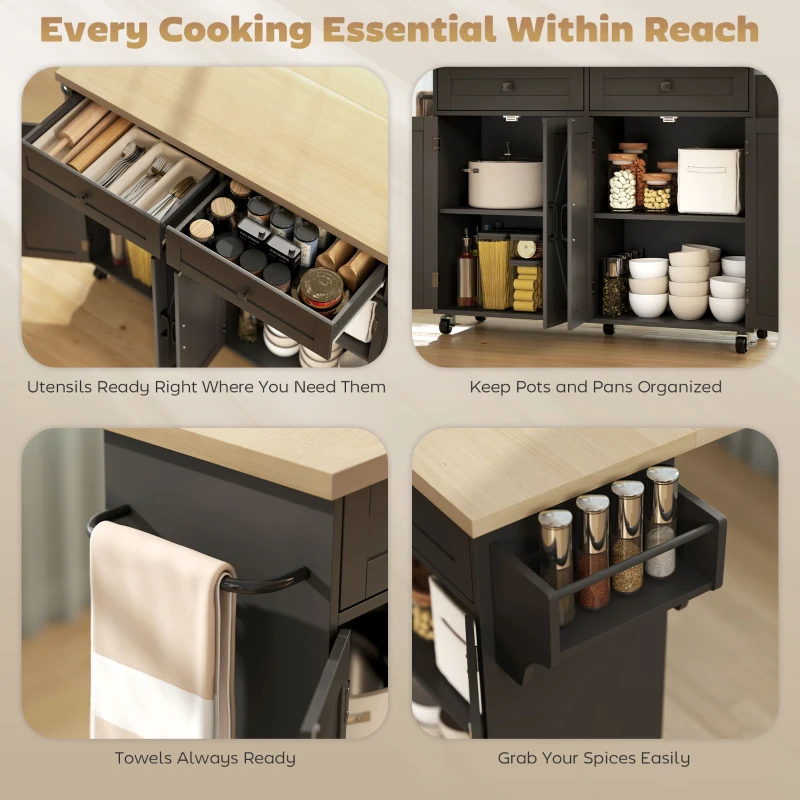 HOMCOM Kitchen Island with Storage, Rolling Kitchen Cart with Charging Station, Drop Leaf, Spice Rack, Towel Rack, Drawers