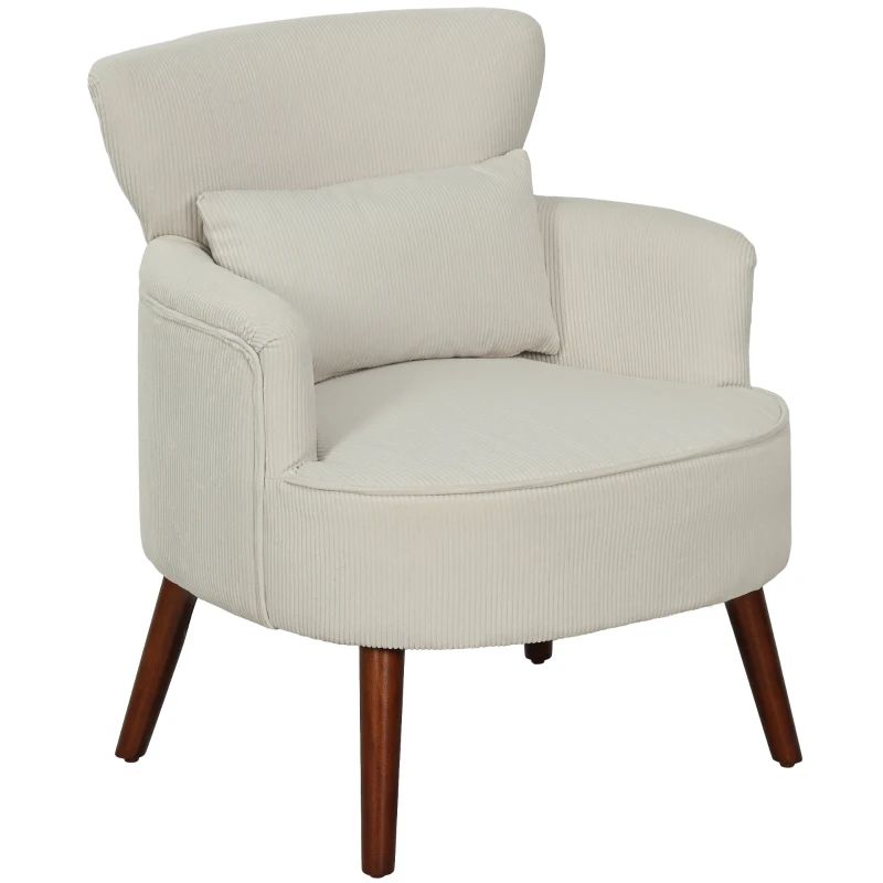 HOMCOM Modern Accent Chair, Upholstered Armchair with Solid Wood Legs and Lumbar Pillow for Living Room, Cream White