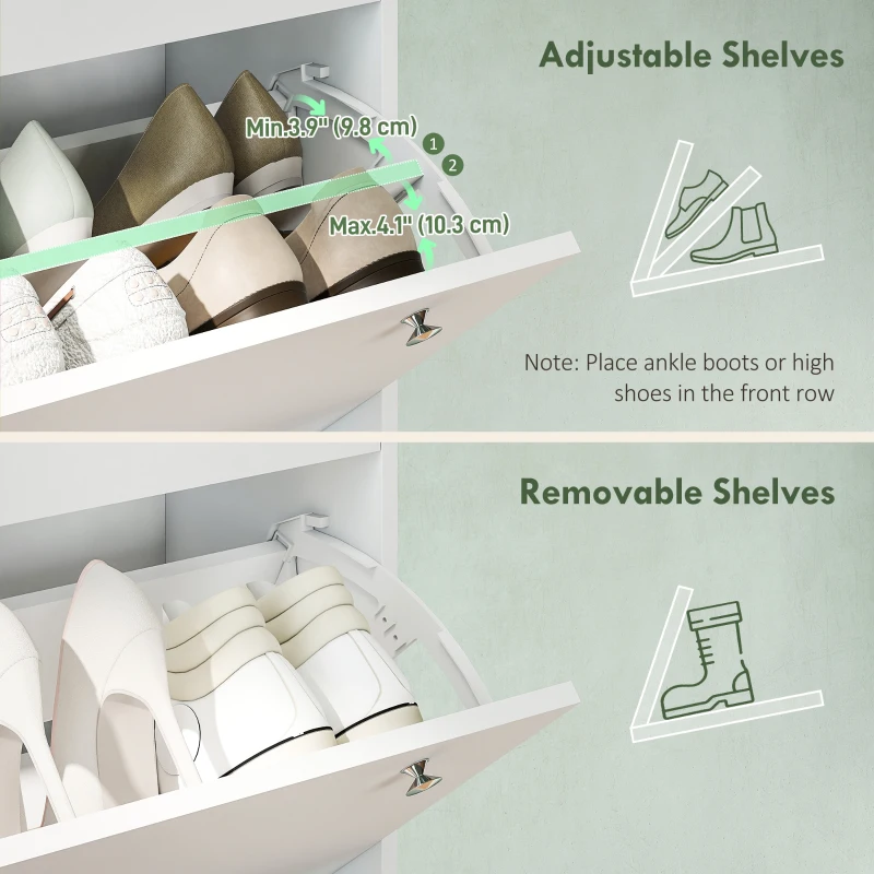 HOMCOM Narrow Shoe Cabinet with 4 Flip Drawers, Shoe Storage Cabinet with Adjustable Shelves, Holds 24–32 Pairs, White