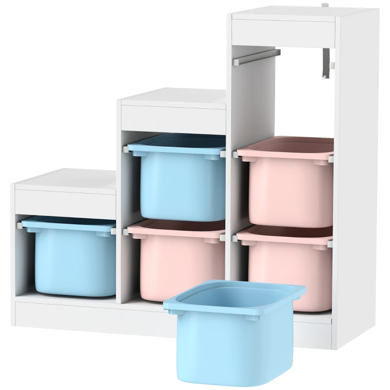 Qaba 3 Layers Toy Storage Organizer Kids Bookshelf Children Toy Storage w/ 6 Plastic Bins, Blue & Pink