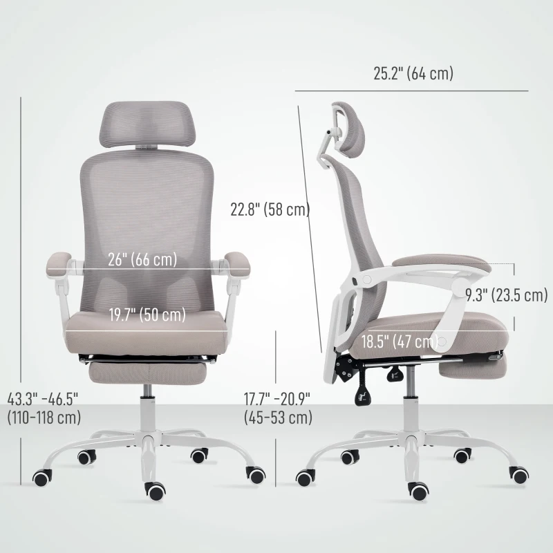 HOMCOM Ergonomic Office Chair, Mesh Reclining Desk Chair with Adjustable Lumbar Support, Headrest, Grey