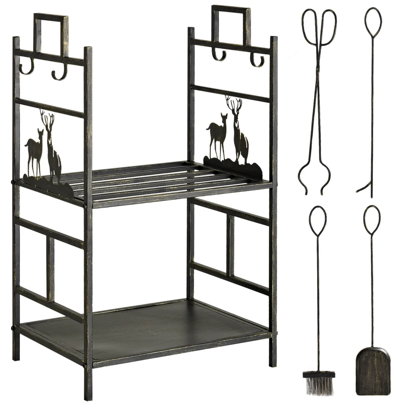 Outsunny 20.25" x 13" x 30.25" 2-Layer Heavy Duty Firewood Rack Wood Log Fireplace Stacker  w/ 4 Tools, Black and Gold