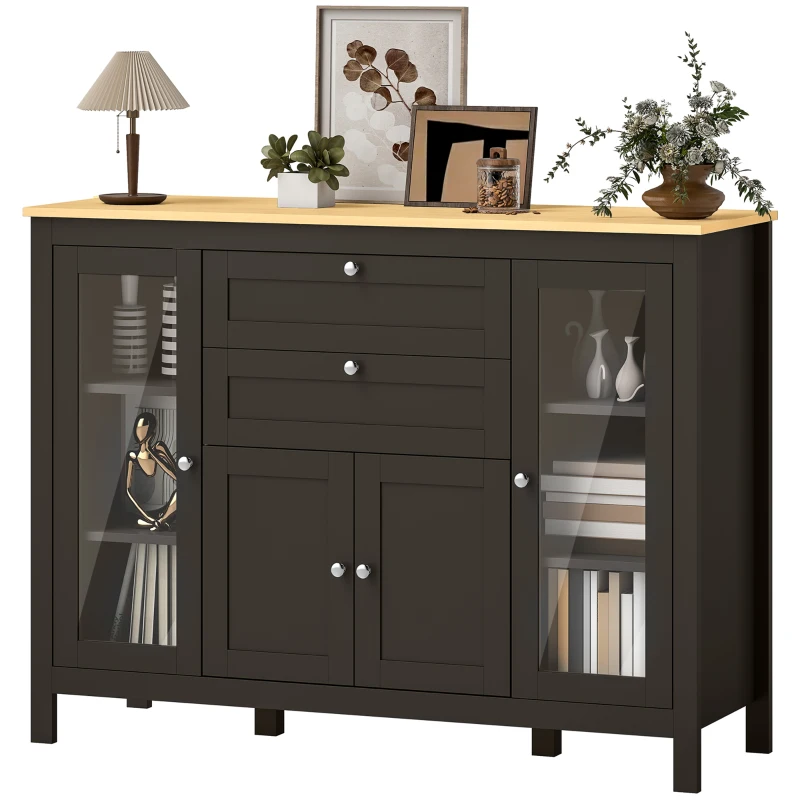 HOMCOM Buffet Cabinet Sideboard with 2 Drawers, 3 Storage Cabinets, Glass Doors and Adjustable Shelves, Dark Brown