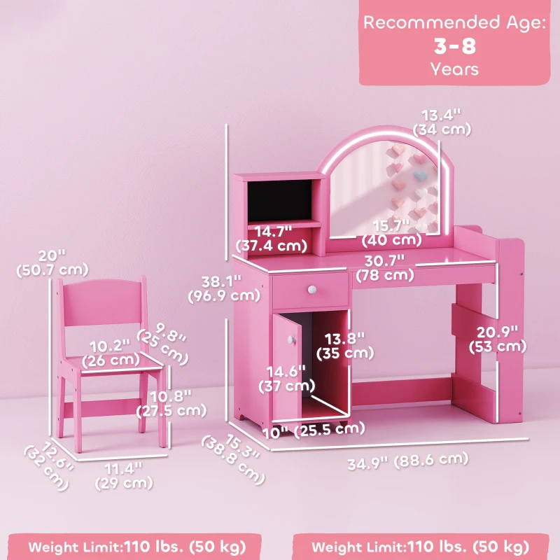 Qaba Kids Vanity Set, Toddler Dressing Table and Chair Set  with Lighted Mirror, Cabinet, Drawer and Shelves, Pink