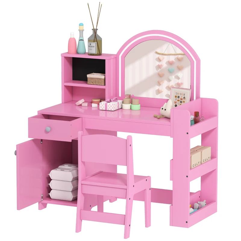Qaba Kids Vanity Set, Toddler Dressing Table and Chair Set  with Lighted Mirror, Cabinet, Drawer and Shelves, Pink