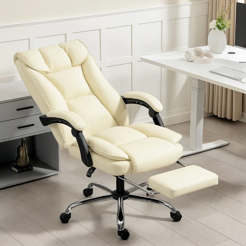 HOMCOM Executive Office Chair, Pet-Friendly Leather Ergonomic Desk Chair with Footrest, Swivel Recliner, Beige