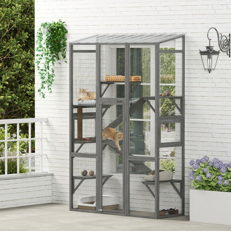 PawHut Wooden Catio Outdoor Cat Enclosure with 6 Jumping Platforms, Scratching Post, 2 Ramps, Waterproof Roof, Grey