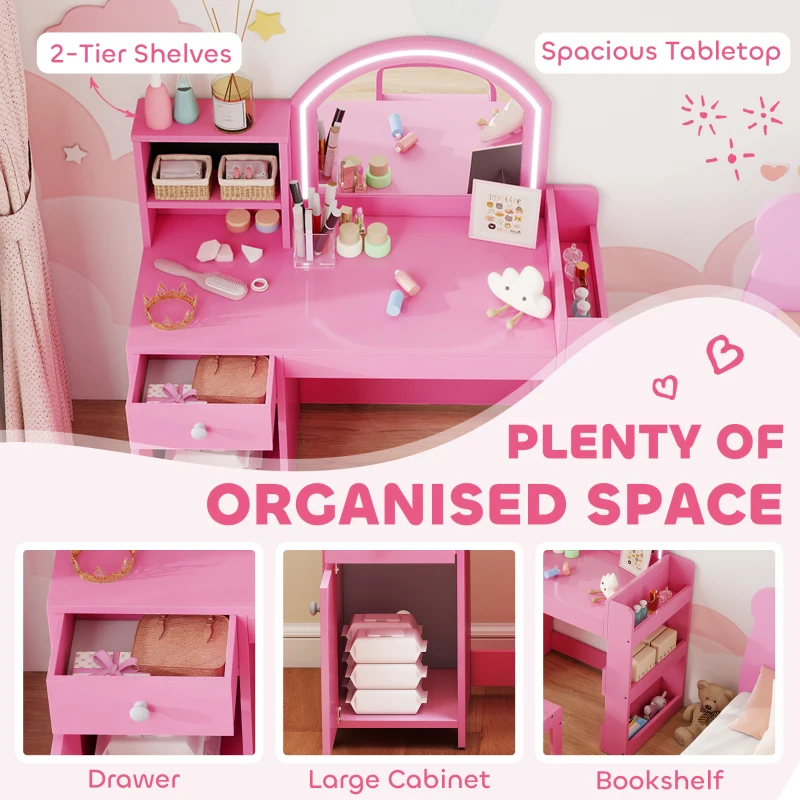 Qaba Kids Vanity Set, Toddler Dressing Table and Chair Set  with Lighted Mirror, Cabinet, Drawer and Shelves, Pink