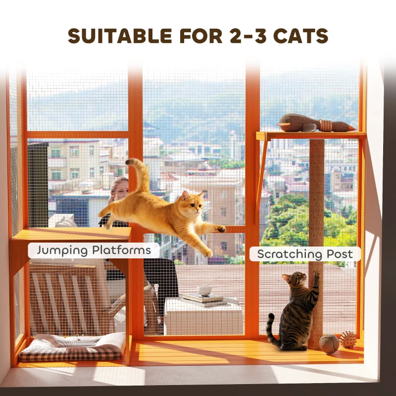 PawHut Wooden Catio Outdoor, Cat Window Box Enclosure for 2-3 Large Cats with 2 Jumping Platforms & Scratching Post, Orange