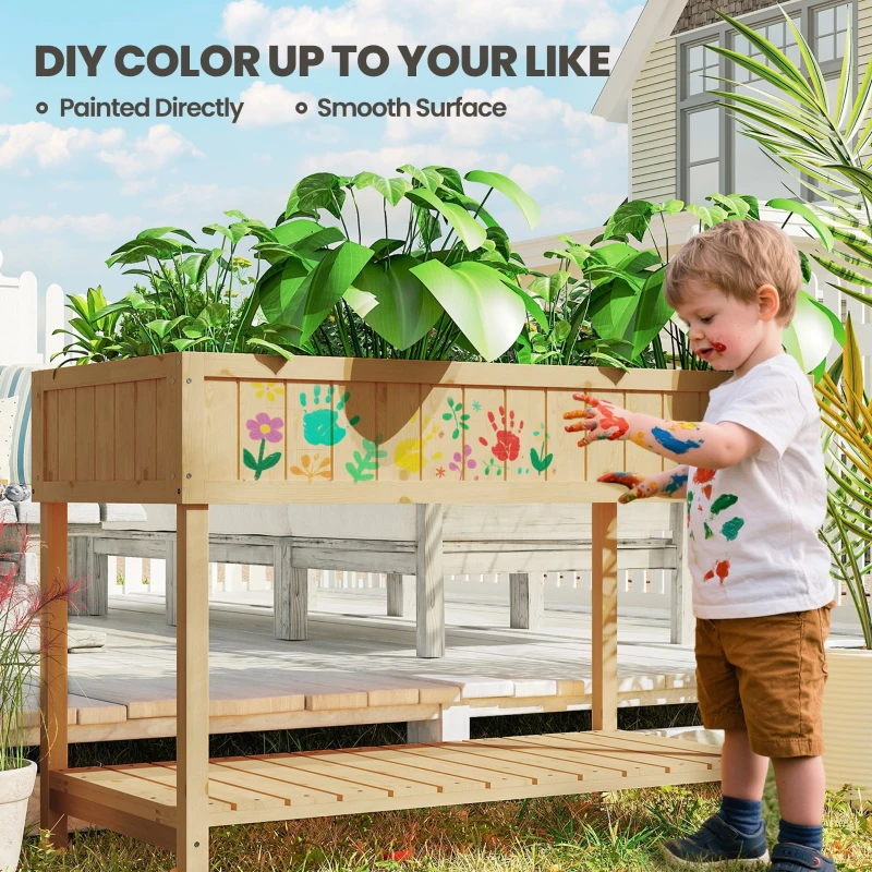 Outsunny 43.25" x 18" x 30" Raised Garden Bed, Wooden Plant Stand with 8 Grid Box, Storage Shelf for Outdoor, Natural Wood Colour