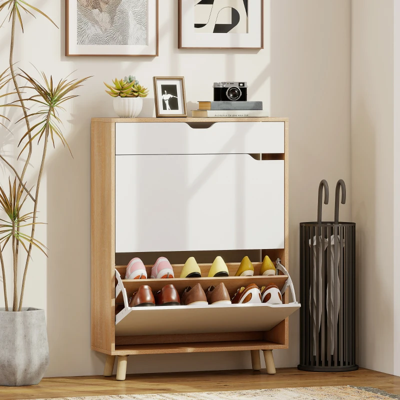 HOMCOM Narrow Shoe Cabinet for Entryway with 2 Flip Drawers, Top Drawer and Adjustable Shelves for 12 Pairs of Shoes, White