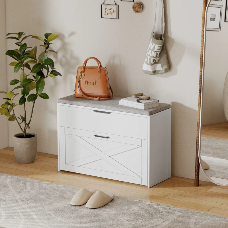 HOMCOM Shoe Storage Bench with Flip Drawer and Lift Top Storage, Entryway Bench with Seat Cushion for Hallway, White