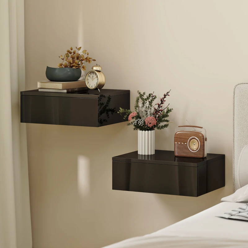 HOMCOM Set of 2 Wall Mounted Bedside Tables, High Gloss Floating Nightstands with Drawer for Bedroom, Black
