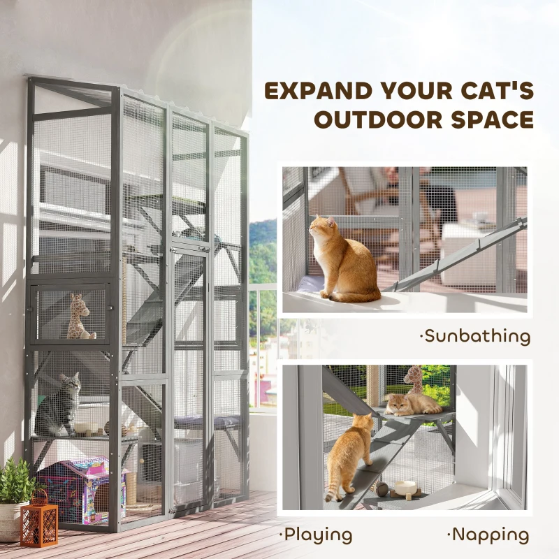 PawHut Wooden Catio Outdoor Cat Enclosure with 6 Jumping Platforms, Scratching Post, 2 Ramps, Waterproof Roof, Grey