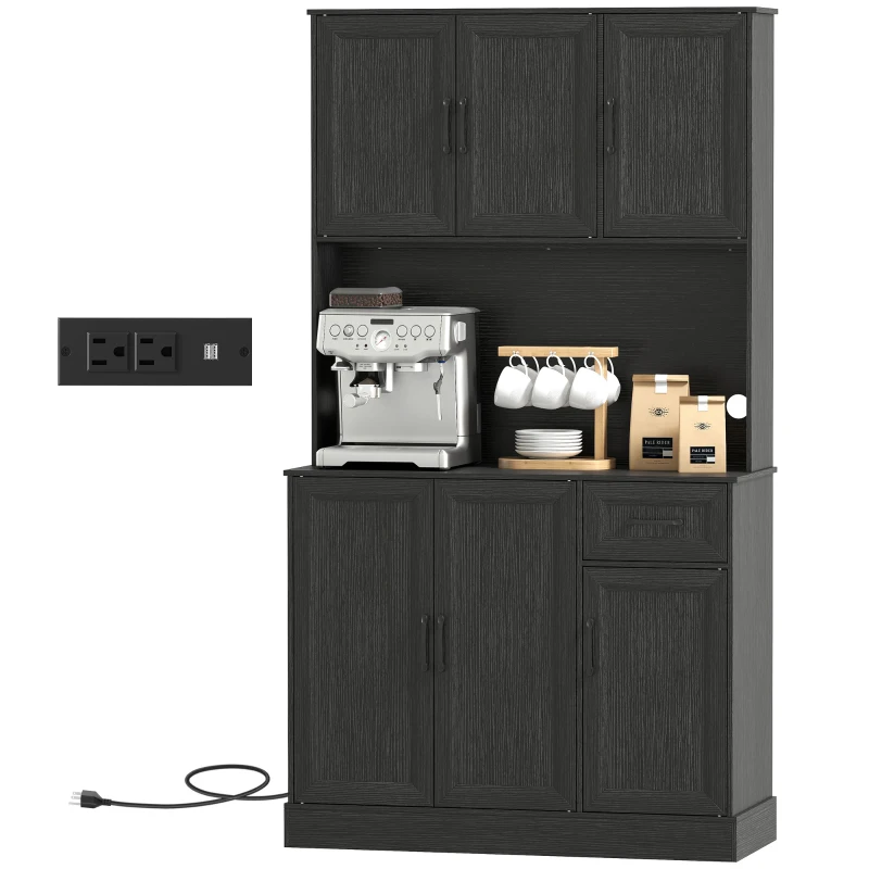 HOMCOM 71" Pantry Cabinet with Charging Station, Kitchen Storage Cabinet with Microwave Stand, Adjustable Shelves, Black