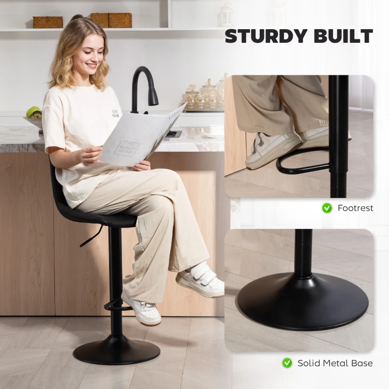HOMCOM Counter Height Bar Stools Set of 2, Adjustable Height Bar Chairs with Swivel Seat, Leathaire Upholstery, Black