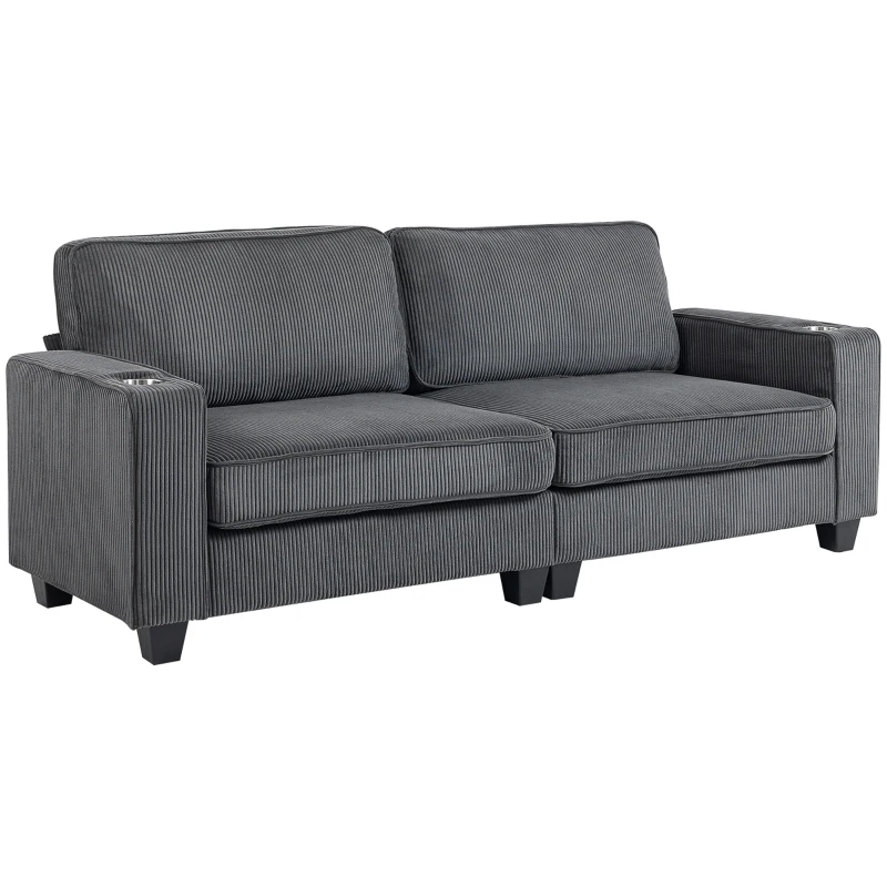 HOMCOM Three Seater Sofa, Fabric 3 Seater Couch with Spring Cushion and Cup Holders for Living Room, Bedroom, Dark Grey