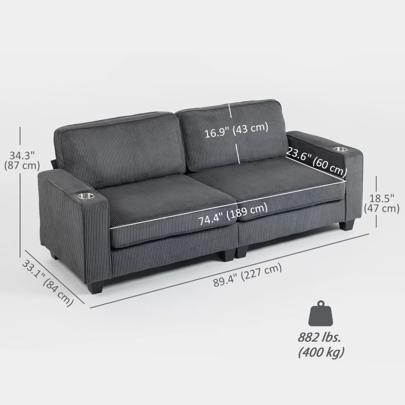 HOMCOM Three Seater Sofa, Fabric 3 Seater Couch with Spring Cushion and Cup Holders for Living Room, Bedroom, Dark Grey