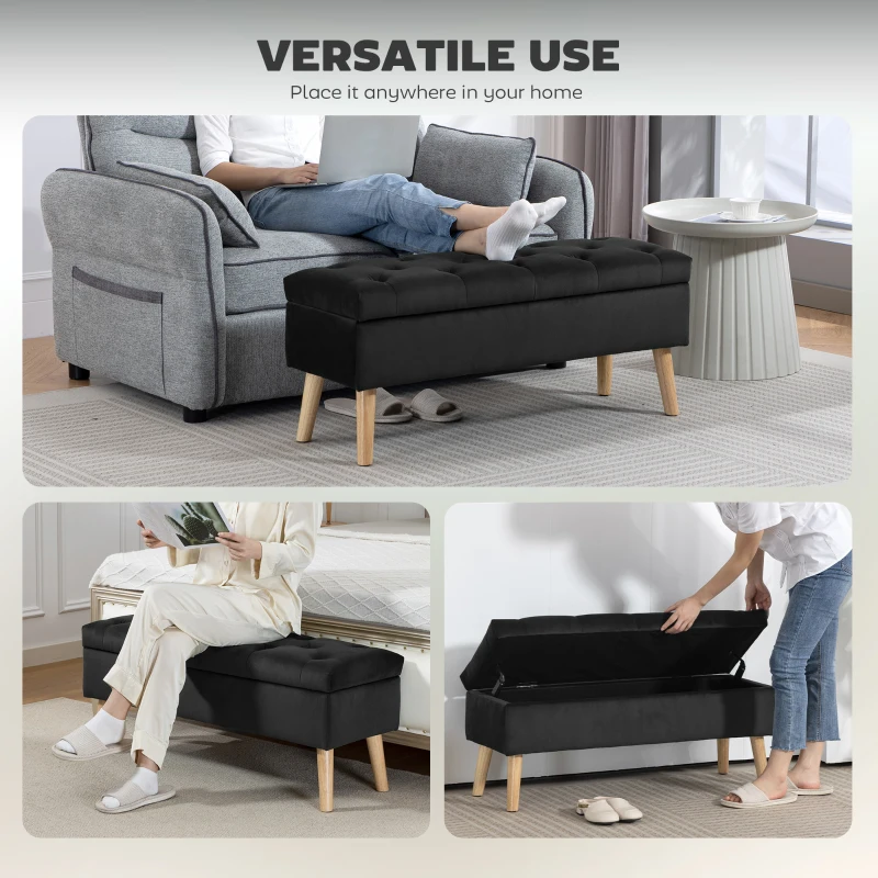 HOMCOM Storage Ottoman with Lid, Velvet Upholstered Storage Bench with Wood Legs for Living Room, Black