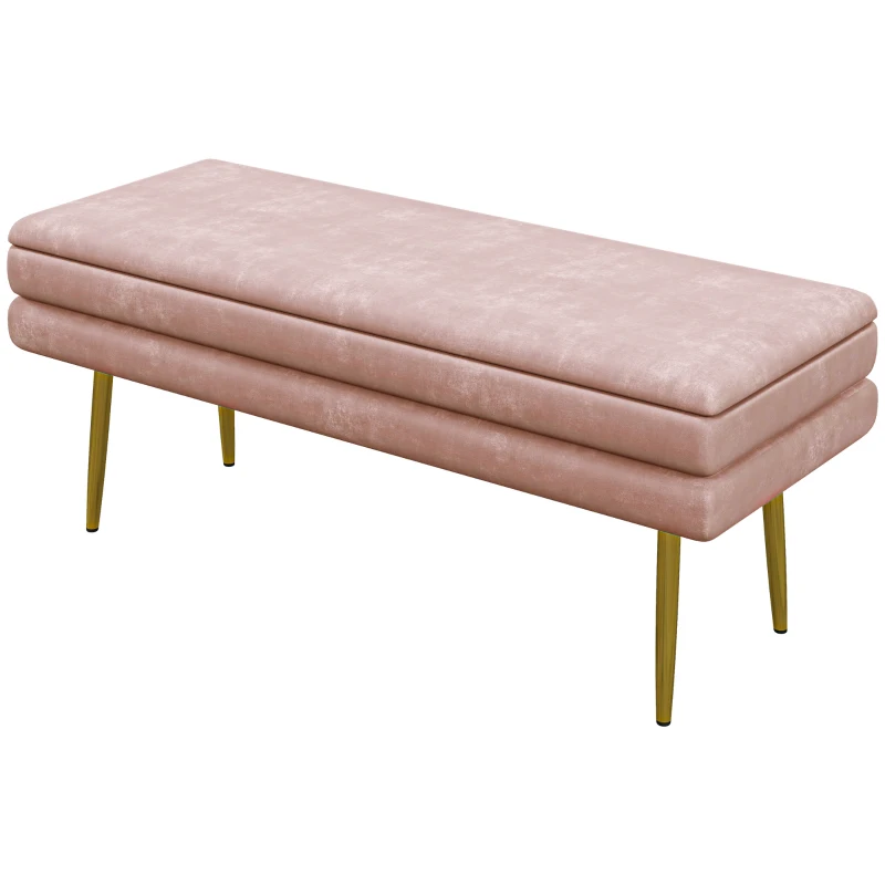 HOMCOM 39" Storage Ottoman, Velvet End of Bed Bench with Steel Legs, Foot Stool with Storage for Bedroom, Living Room, Pink