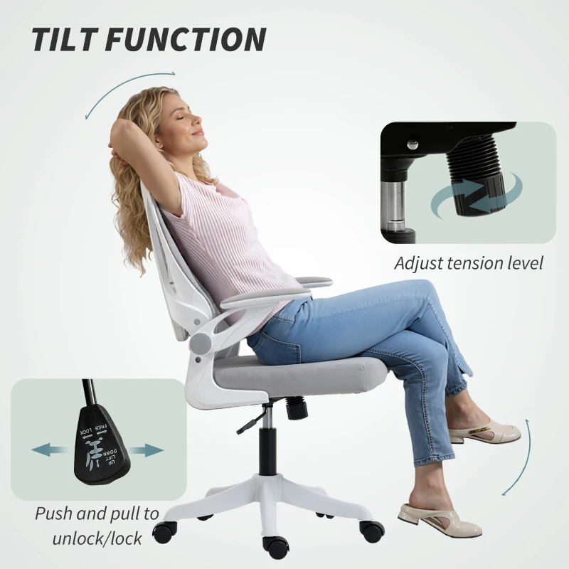HOMCOM Ergonomic Office Chair, Swivel Desk Chair with Adjustable Lumbar Support and Height, Flip-up Armrests, Wheels, Grey