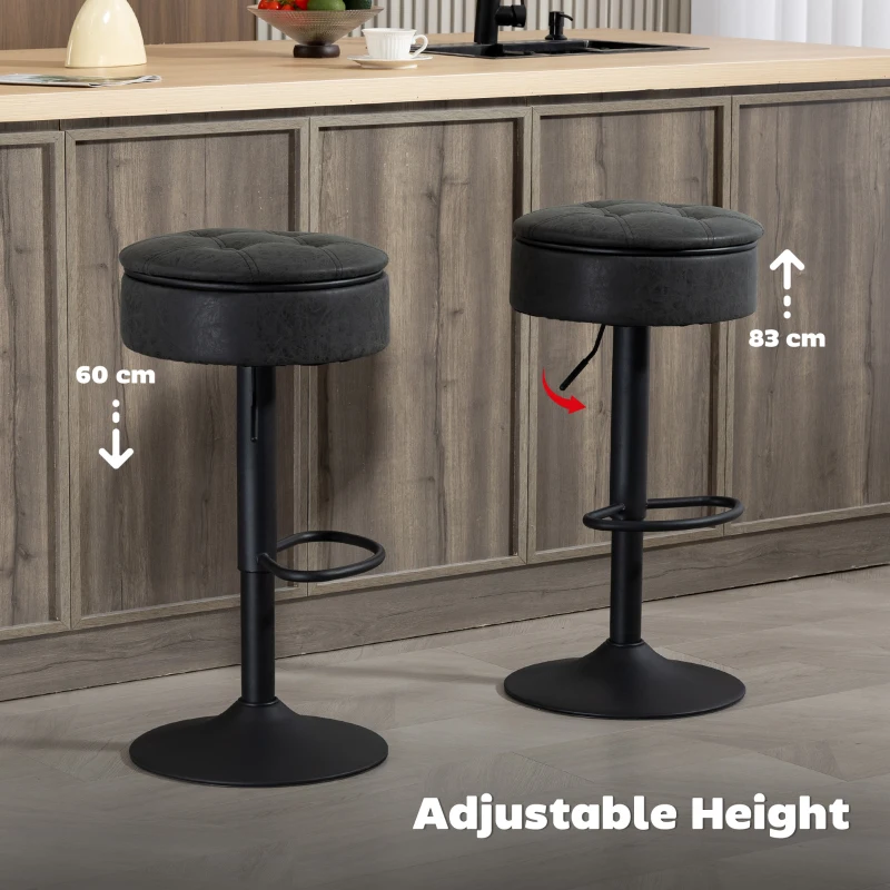 HOMCOM Set of 2 Barstools with Storage, Swivel Bar Stools with PU Leather Upholstered, Footrest, Steel Base, Black