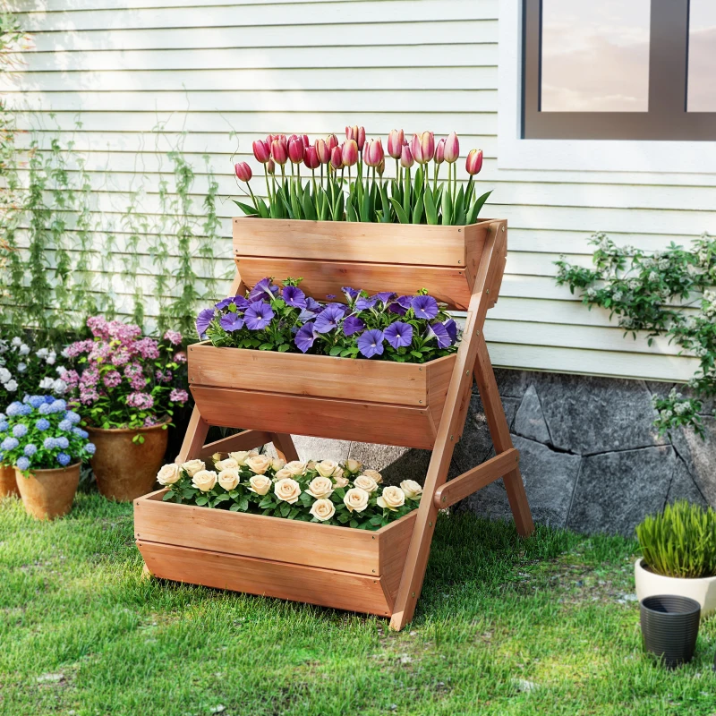 Outsunny 3 Tier Elevated Planter Box, Vertical Wooden Raised Garden Bed for Flowers, Vegetables, Herbs, 26" x 30" x 30", Brown