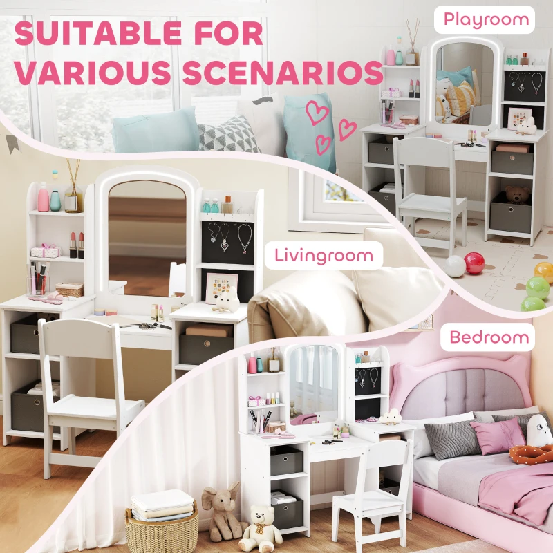 Qaba Kids Vanity Table and Chair, Toddler Dressing Table and Chair Set with Lighted Mirror for Little Girls, White