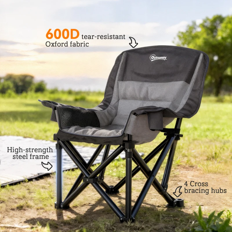 Outsunny Camping Chair for Adults, Portable Folding Camping Chair with Side Pockets, Cup Holders, Carry Bag, Black and Gray