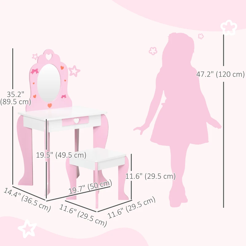 Qaba Kids Vanity Table & Chair Set Girls Dressing Set with Mirror Drawer Cute Patterns for 3-6 Years Old, Pink
