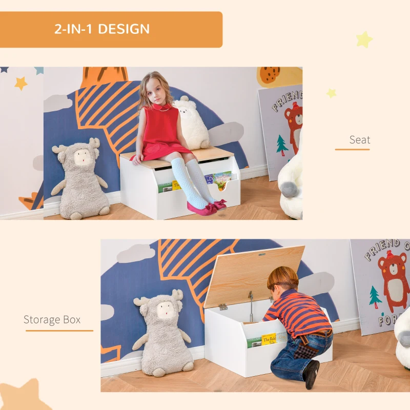 Qaba Wooden Kids Toy Box with Lid, Children Storage Organizer with Safety Hinge, Toy Trunk Chest, White