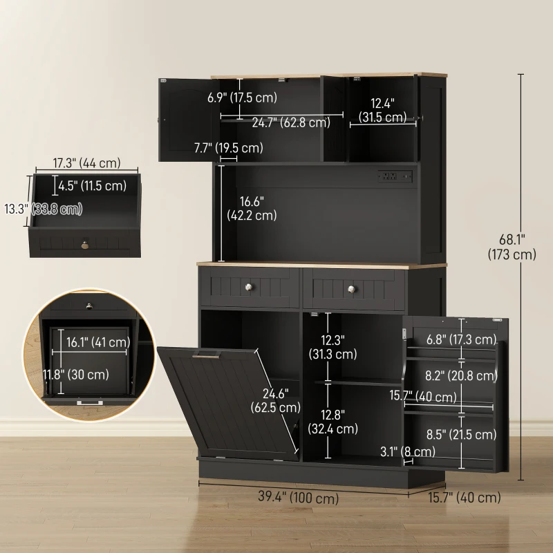 HOMCOM 68" Pantry Cabinet with Charging Station, Storage Cabinet with Microwave Stand, 10 Gallon Trash Can Cabinet, Black