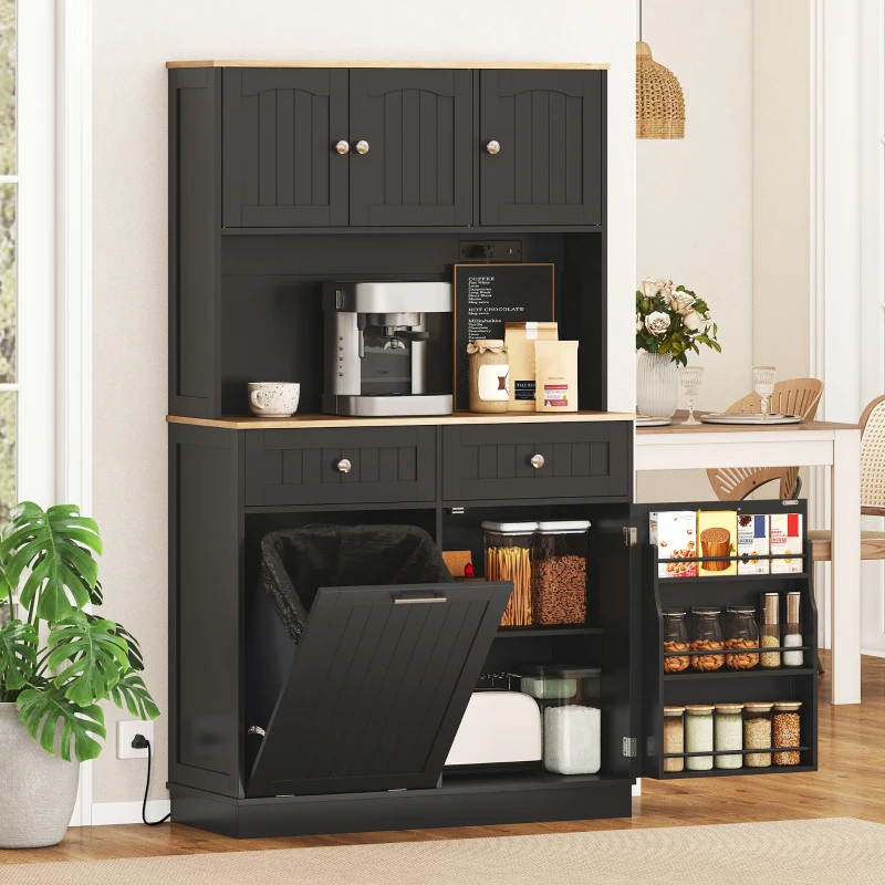 HOMCOM 68" Pantry Cabinet with Charging Station, Storage Cabinet with Microwave Stand, 10 Gallon Trash Can Cabinet, Black