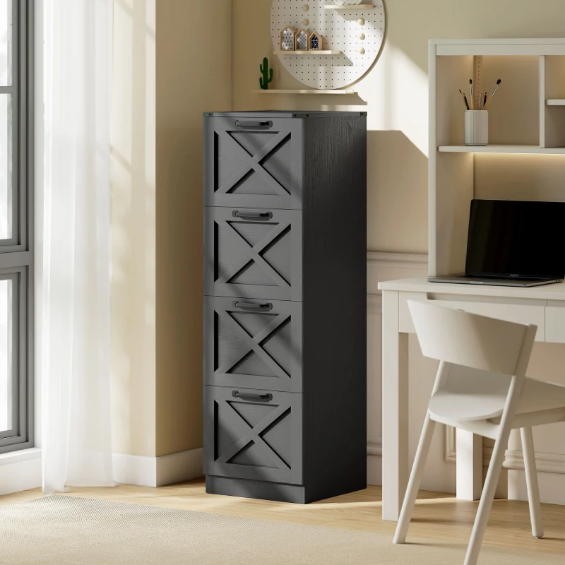 HOMCOM 4 Drawer File Cabinet with Silent Slides, Vertical Farmhouse Filing Cabinet Fits Letter/A4 Size Home Office, Black