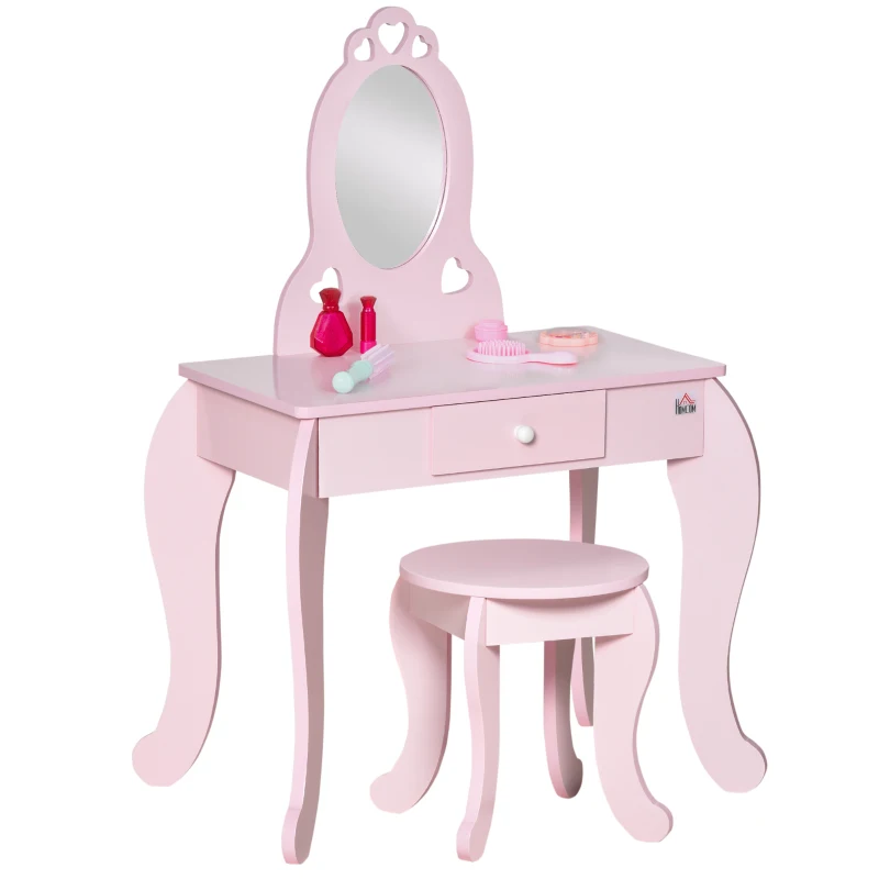 Qaba Kids Vanity Table Set with Mirror and Stool, Drawer, for 3-6 Years, Pink